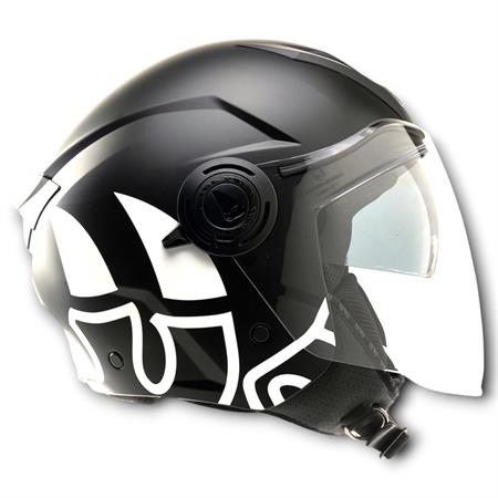 Casco jet Malossi di colore nero e grafiche bianche con taglia S, ricambio 3915640B3