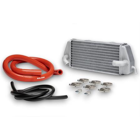 Radiatore sinistro Malossi MHR in alluminio di colore argento specifico per Fantic caballero 50 e tutti modelli enduro e motard con motore Minarelli AM6. Dimensioni 112,4 x 321,5 mm, ricambio 7119896