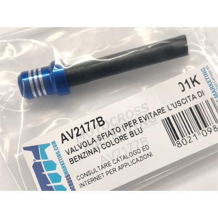 Valvola sfiato tappo benzina Motocross Marketing di colore blu anodizzato e tubo nero per evitare l'uscita di benzina dallo sfiato del tappo, ricambio AV2177B