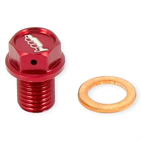 Tappo scarico olio magnetico M12 passo 1,5 lunghezza 15 mm in ergal anodizzato rosso con foro legatura di sicurezza - HONDA / FANTIC / YAMAHA