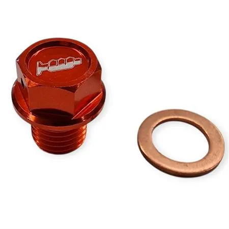 Tappo scarico olio magnetico M12 passo 1,5 lunghezza 12 mm in ergal anodizzato arancio con foro legatura di sicurezza - KTM / HUSQVARNA / GAS GAS, ricambio AV3446A
