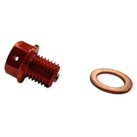 Tappo scarico olio magnetico M12 passo 1,5 lunghezza 12 mm in ergal anodizzato arancio con foro legatura di sicurezza - KTM / HUSQVARNA / GAS GAS, ricambio AV3446A