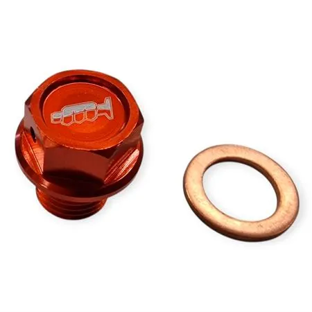 Tappo scarico olio magnetico M12 passo 1,5 lunghezza 12 mm in ergal anodizzato arancio con foro legatura di sicurezza - KTM / HUSQVARNA / GAS GAS, ricambio AV3446A