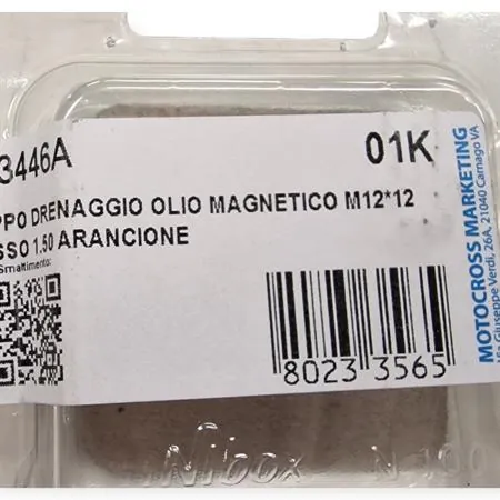 Tappo scarico olio magnetico M12 passo 1,5 lunghezza 12 mm in ergal anodizzato arancio con foro legatura di sicurezza - KTM / HUSQVARNA / GAS GAS, ricambio AV3446A