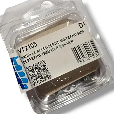 Rondelle in alluminio alleggerite anodizzate argento ø interno 6 mm, ø esterno 18 mm e spessore 2 mm - confezione da 10 pezzi, ricambio VT2105