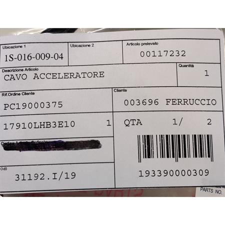 Cavo acceleratore, ricambio 00117232