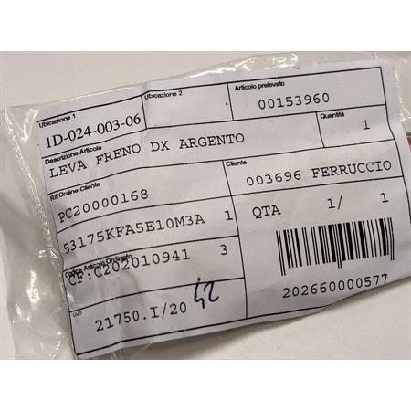 Leva freno destra in alluminio di colore argento lucidato originale per scooter e maxi scooter e quad Kymco 50, 125, 150, 200, 300 e 450 cc, ricambio 00153960