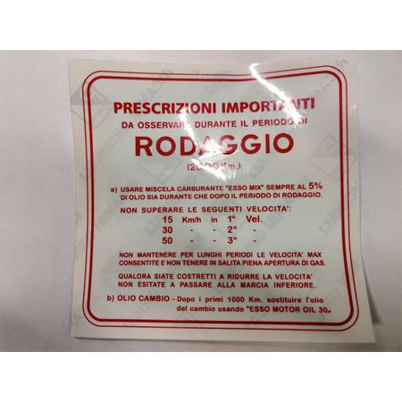 Etichetta norme di rodaggio 3 marce (Piaggio Gilera), ricambio 610275M
