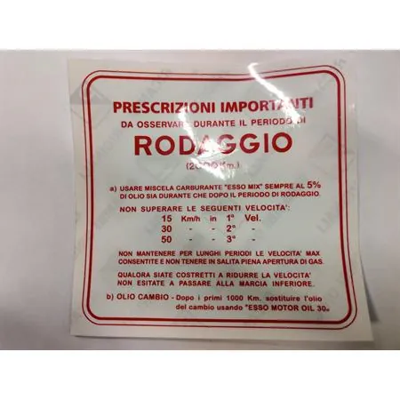 610275M Etichetta norme di rodaggio 3 marce (Piaggio Gilera)