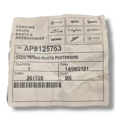 AP8125763 Dado perno ruota posteriore M20x1,5 Piaggio autobloccante teflon H 11mm chiave 26mm - Compatibile Husqvarna 50310099000