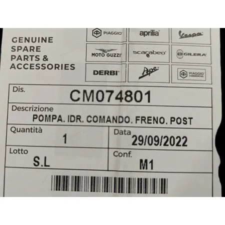 CM074801 Pompa freno posteriore sinistra a comando idraulico completa di leva in alluminio cromata per scooter NRG Power 50 e maxi scooter Vespa GT, GTS e Super 125, 250 e 300 cc