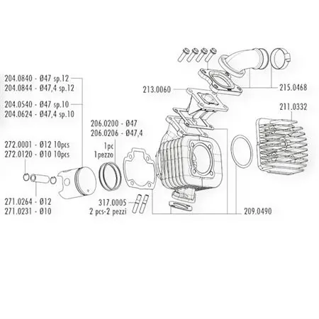 166.0074/12E Kit Gruppo Termico Polini Evolution 70cc Ghisa Ø47mm Spinotto 12mm per Minarelli Verticale Booster - Cod. 166007412E