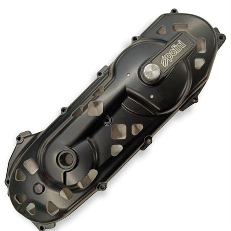 Coperchio carter trasmissione messa in moto Polini modello Evolution di colore nero e super intagliato scooter con motore Minarelli orizzontale braccio lungo aria e liquido, ricambio 1700306