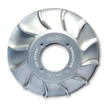 Ventola in alluminio CNC di colore argento modello evo da montare esclusivamente sui volani delle accensioni Polini per Piaggio Vespa PX 125, 150 e 200 cc 2 tempi, ricambio 1710678