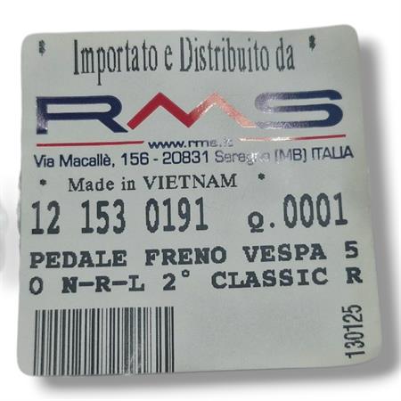 Pedale freno posteriore RMS in alluminio spazzolato completo di molla ritorno, gommino tondo battuta e perno fissaggio cavo freno per Piaggio Vespa 50 R, L, N e 125 primavera, ricambio 121530191