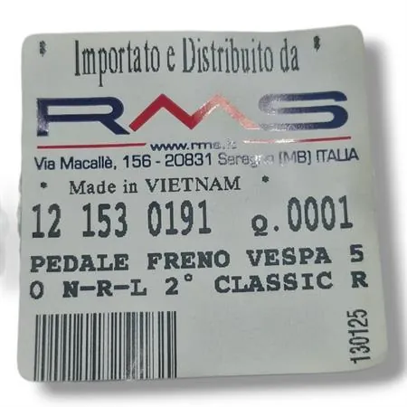 121530191 Pedale freno posteriore RMS in alluminio spazzolato completo di molla ritorno, gommino tondo battuta e perno fissaggio cavo freno per Piaggio Vespa 50 R, L, N e 125 primavera