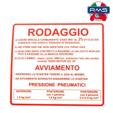 Adesivo etichetta rodaggio con miscela al 2% di colore rosso (RMS) per Piaggio Vespa 50, ricambio 142721050