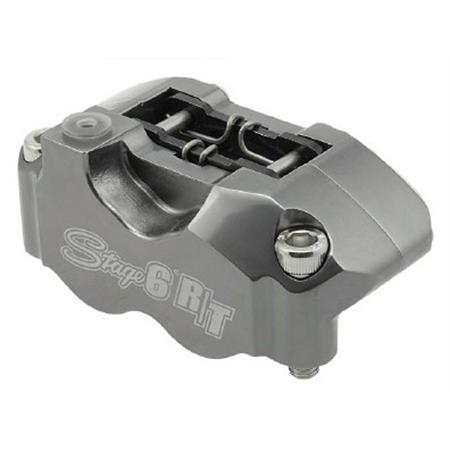 Pinza freno radiale 4 pistoncini Stage6 di colore argento hard anodizzato per dischi freno da 190 mm a salire fino a 280 mm con utilizzo di apposita staffa completa di distanziatori, ricambio S61400375HA S6-1400375/HA