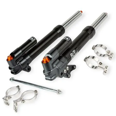 Forcella coppia gambali e steli forcella anteriore Stage6 R/T MK2 in alluminio anodizzato nero con lavorazione CNC e supporti parafango per scooter Mbk Nitro e Yamaha Aerox 50 cc