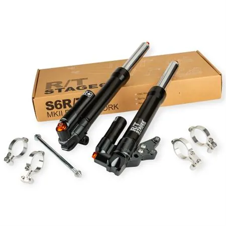 S6-1450502/PACK1 Forcella coppia gambali e steli forcella anteriore Stage6 R/T MK2 in alluminio anodizzato nero con lavorazione CNC e supporti parafango per scooter Mbk Nitro e Yamaha Aerox 50 cc