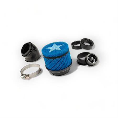 Filtro aria stage6 racing dritto con raccordi dal diametro 28 mm fino al diametro 48 mm in spugna di colore blu doppia densità, ricambio S635015BL
