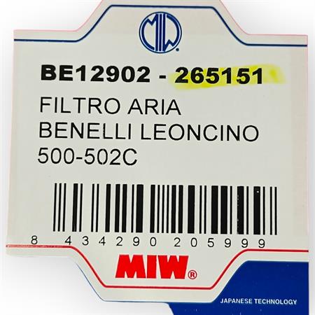 Filtro aria miw benelli leoncino 500-502, ricambio 265151