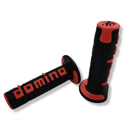 Coppia manopole Domino Tommaselli in gomma di colore nero e rosso per applicazione off road, ricambio A36041C4042A7-0