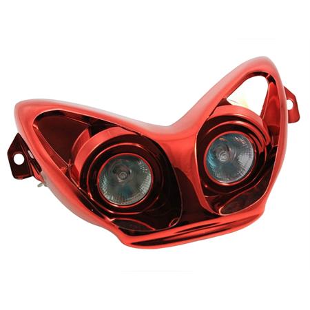 Mascherina fanale anteriore top performance per scooter MBK Nitro e Yamaha Aerox di colore rosso cromato con 2 lampade alogene, ricambio T201356