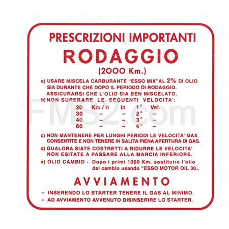 Adesivo di colore rosso norme di rodaggio per Vespa a 4 marce e miscela al 2% (LV2), ricambio 60008695